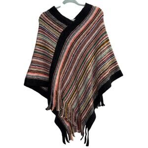 Bon Voyage Multicolor Fringe Poncho Sweater One Size Boho Hippie Artsy Eclectic